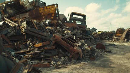 A pile of junk sitting on top of a dirt field. Suitable for industrial and environmental concepts