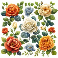 A vibrant assortment of illustrated roses in various colors and stages of bloom. - obrazy, fototapety, plakaty