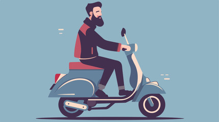 Obraz na płótnie Canvas Man with beard riding retro scooter. Vector flat illustration