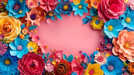 Colorful Paper Flowers Creating a Vibrant and Decorative Frame Border