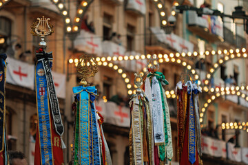 Banderas de bandas de música con fondo de alumbrado y balcones engalanados con la bandera de San Jorge durante la fiesta del pasodoble en Alcoy 