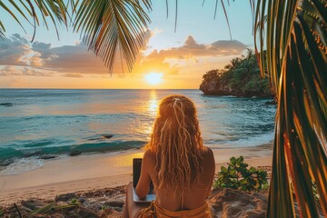 Female freelancer with laptop on the beach during sunset. Place of work of a hermit freelancer. A harmonious blend of work and nature, the female freelancer's beach office shines.