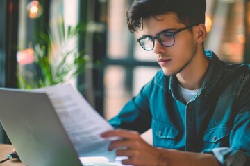 Fototapeta premium A busy young professional businessman checks documents on his laptop in his office. Serious business accounting experts in the workplace read legal documents overview of company documents.