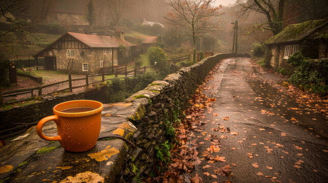 A cup of coffee is sitting on a ledge next to a stone wall. The image has a peaceful and serene mood, with the coffee cup and the stone wall creating a sense of calmness