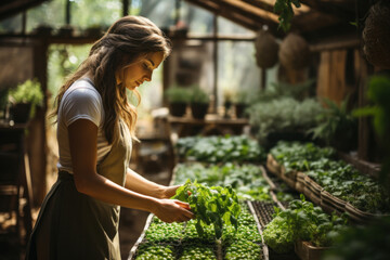 Obraz premium Side view of young, happy woman, a gardener, is growing lettuce in a greenhouse
