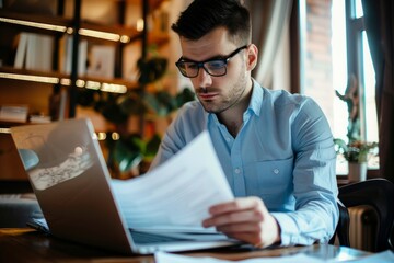 Obraz premium A busy young professional businessman checks documents on his laptop in his office. Serious business accounting experts in the workplace read legal documents overview of company documents.