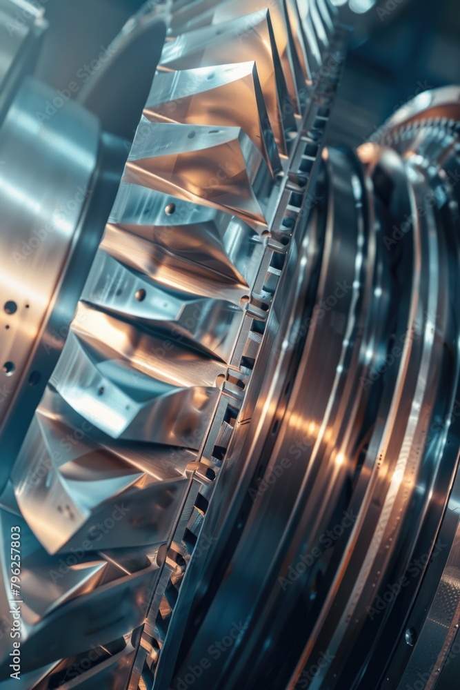 Poster detailed view of a machine with a turbine in the background. ideal for industrial concepts