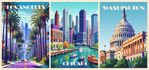 Set of USA Travel Destination Posters in retro style. Los Angeles, Washington, Chicago digital prints. Summer vacation, holidays concept. Vintage vector illustrations.