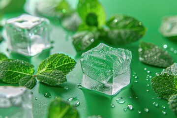 Refreshing ice cubes and mint leaves on a vibrant green background. Perfect for summer drink concepts