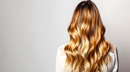Fototapeta premium Luxurious long wavy hair in a natural style. Perfect hairstyle for beauty concepts. High quality haircare product photography. AI