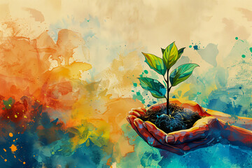Vibrant Hand Holding a Plant Sprout - Illustration of Growth and Nature,