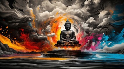 仏陀像と煙の背景,Generative AI AI画像