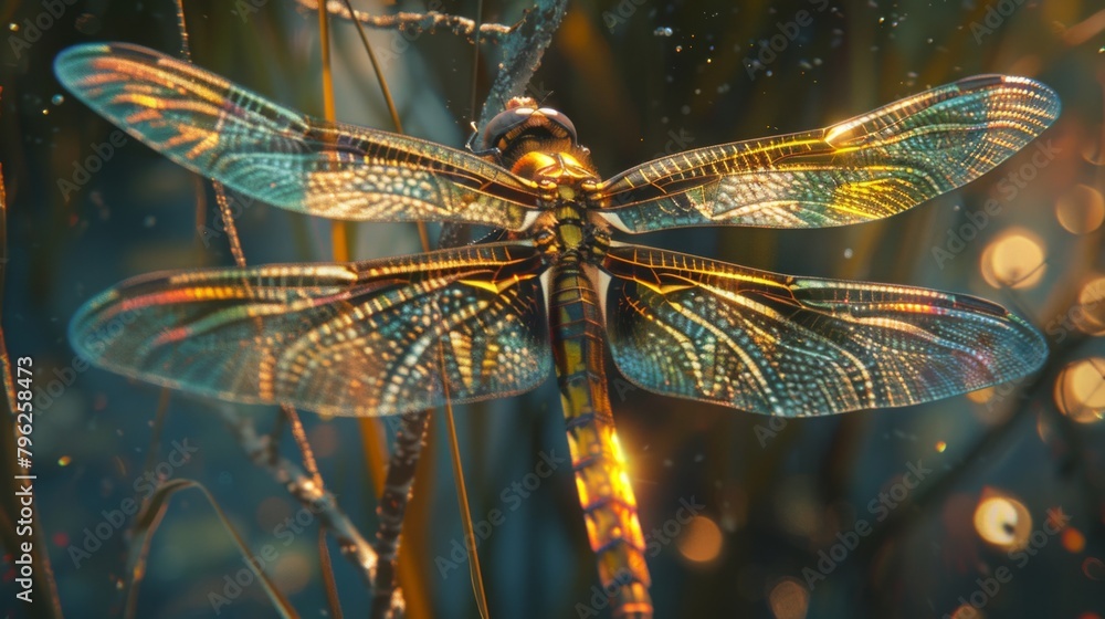 Poster Overhead view of a dragonfly resting on a branch, its iridescent wings shimmering in the sunlight