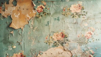 Vintage wallpaper peeling from an old interior wall - obrazy, fototapety, plakaty