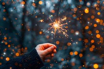 Person Holding Sparkler in Winter Forest with Glowing Bokeh Lights - Powered by Adobe