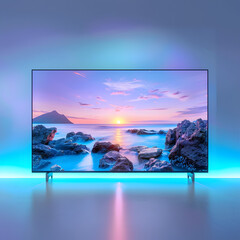 a 65 inch LED TV, on a white background, scene is lit by two soft lights with gradient ranging from light blue to green Ai generative 