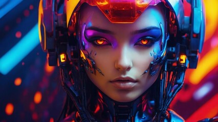 ネオンカラーの女性アンドロイド,Generative AI AI画像