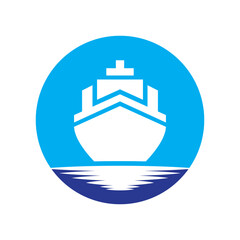 logo design of a boat sailing in the blue ocean