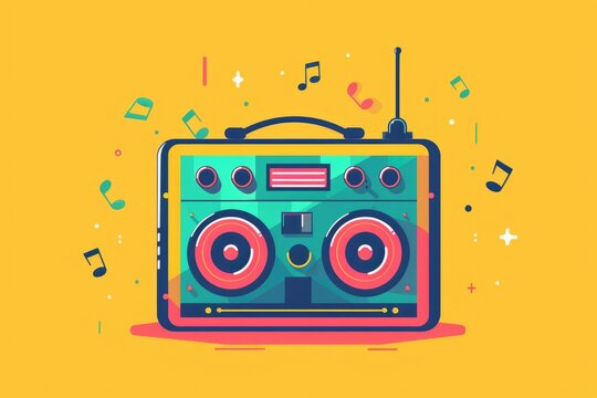 A boombox surrounded by music notes, perfect for music lovers and retro enthusiasts