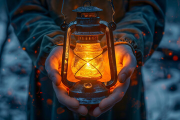 Mystical Evening Lantern Held in Hands with Sparks