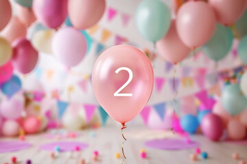 Pastel pink helium floating balloon with number two. Baby girl birthday party for 2 year celebration, copy space	


