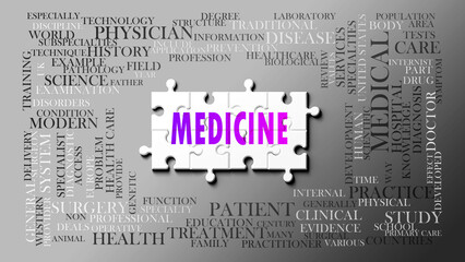 Medicine as a complex subject, related to important topics. Pictured as a puzzle and a word cloud made of most important ideas and phrases related to medicine. ,3d illustration