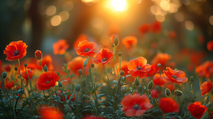 A field of red poppies with the sun shining on them - obrazy, fototapety, plakaty