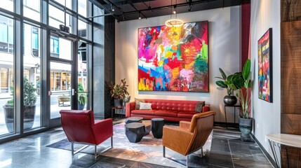 A luxury condominium lobby with modern art, designer furniture, and a concierge service 