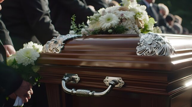 Solemn funeral procession with coffin and floral tribute. Close-up of casket at burial service held outdoors on a sunny day. Mourners gather to pay last respects. AI