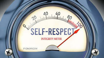 Self-Respect and Integrity Meter that is hitting a full scale, showing a very high level of self-respect, overload of it, too much of it. Maximum value, off the charts.  ,3d illustration