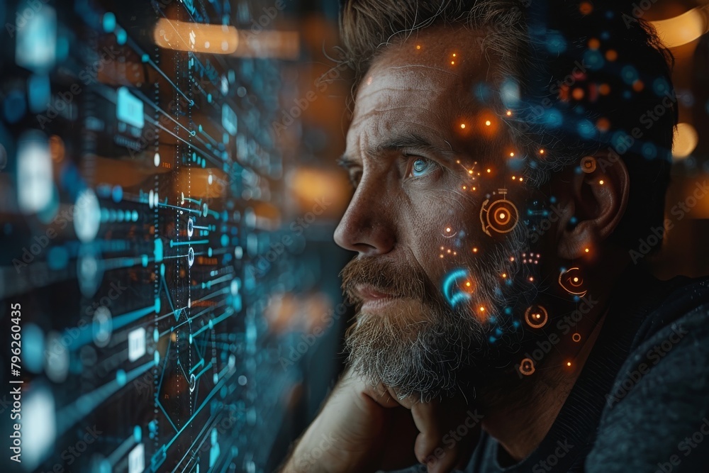 Aufkleber a man is immersed in a complex virtual reality interface with futuristic technology elements
