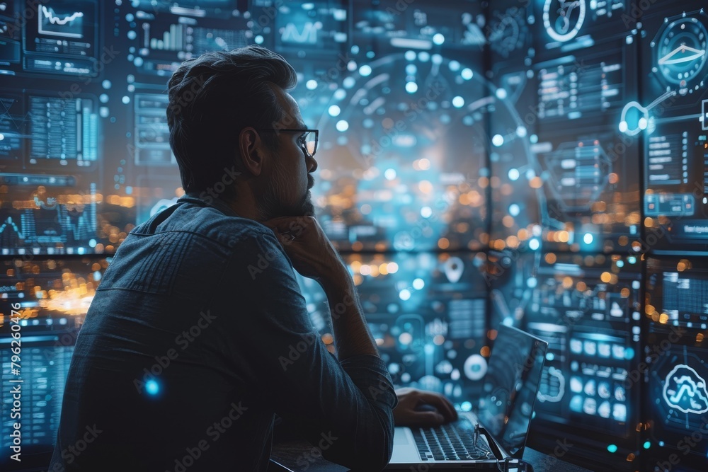 Poster an anonymous man is engaged at a workstation surrounded by advanced holographic screens displaying d