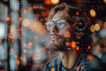 Concentrated person interacting with advanced holographic projections and digital interfaces