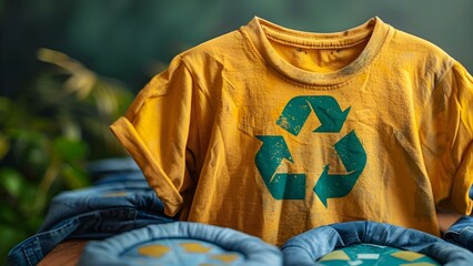 Promoting Sustainable Fashion and Textile Reuse through Eco-Friendly Clothing with Recycling Symbols. Concept Eco-Friendly Fashion, Sustainable Textiles, Recycling Symbols, Promoting Upcycling