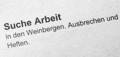 newspaper clipping. German Text: Suche Arbeit in den Weinbergen. Ausbrechen und Heften. English...