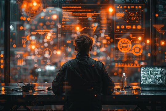 A person viewed from behind is monitoring or controlling a complex high-tech digital room composed of glowing futuristic interfaces