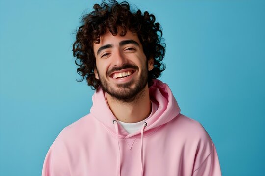 Joyful man with curly hair and pink hoodie grinning on blue background. Concept Outdoor Photoshoot, Colorful Props, Joyful Portraits, Playful Poses, Curly Hair