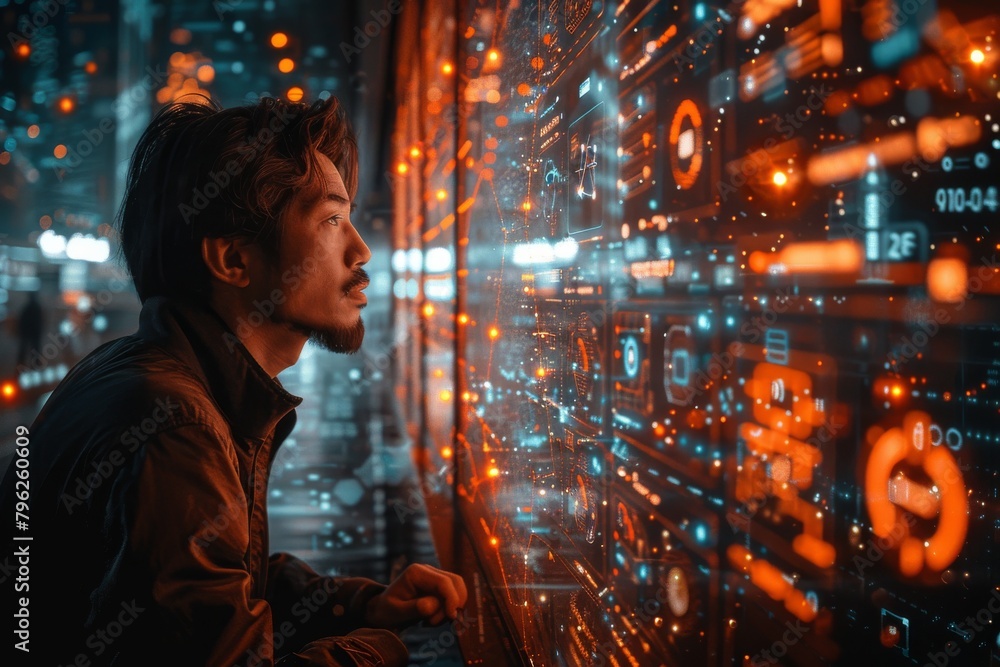 Poster solitary person appears engrossed while interacting with a complex digital data interface in a high-