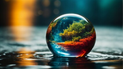 Vibrant colors and volumetric light illuminate Earth encapsulated within a water drop - obrazy, fototapety, plakaty