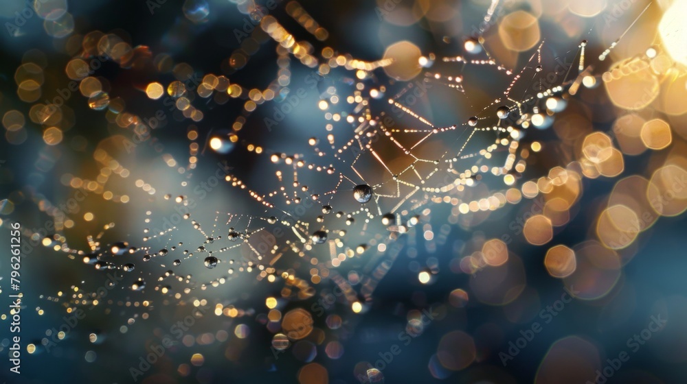 Poster Raindrops clinging to a spiderweb, turning the delicate strands into shimmering threads of silver in the soft light.