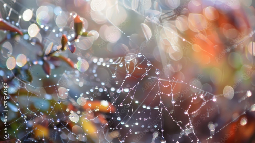 Poster Raindrops clinging to a spiderweb, turning the delicate strands into shimmering threads of silver in the soft light.