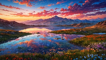 花が咲く草原と湖の風景,Generative AI AI画像