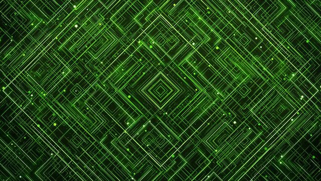 Green Glowing Lines and Shapes. Dynamic geometric pattern in the form of rhombus and particles. Looped video.