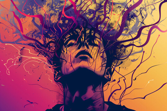 Vector Illustration of Person in High Stress: Chaotic Elements and Exploding Brain Art
