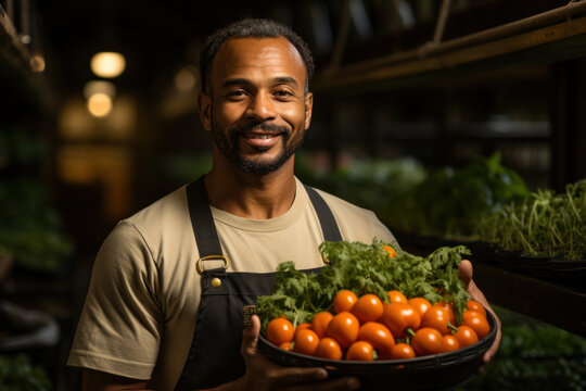 Portrait of a farmer holding a box of tomatoes in a greenhouse