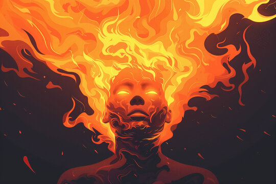 Dynamic Drawing of Fiery Human Head with Flames - Attention Deficit Disorder Art
