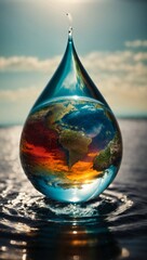Earth depicted inside a water drop, bathed in vibrant colors and volumetric light - obrazy, fototapety, plakaty
