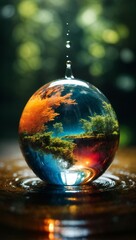 Vibrant hues and volumetric light encapsulate Earth within the confines of a water drop - obrazy, fototapety, plakaty