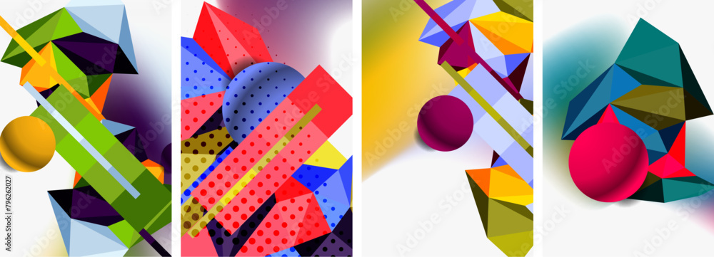 Poster a visually stimulating collage of four colorful geometric shapes rectangle, triangle in magenta pain