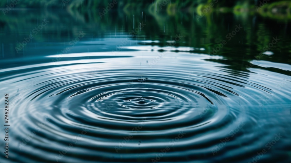 Poster Raindrops falling on a tranquil lake, creating concentric circles that ripple outwards into the calm water.